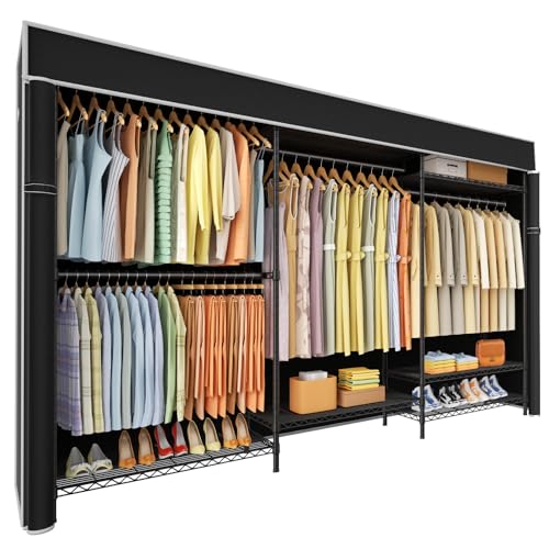 Ulif E13C Max Heavy Duty Closet Organizer System，Freestanding Clothing Racks for Hanging Clothes，Adjustable Garment Rack 86" W x16 D x77 H Hold 1100 lbs，Black Rack with Black Dustproof Cover - color: Black Rack with Black Cover, size: E13C Max