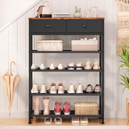 usikey Shoe Rack, 5 Tier Shoe Storage Organizer with 2 Drawers, Metal Shoe Shelf for 12-16 Pairs of Shoes, with 4 Oxford Fabric Shelves and Wooden Top, Shoe Stand for Closet Entryway, Black UNYXJX013H - color: 5 Tier ( 28.3 X 11 X 36.2 Inches)-black