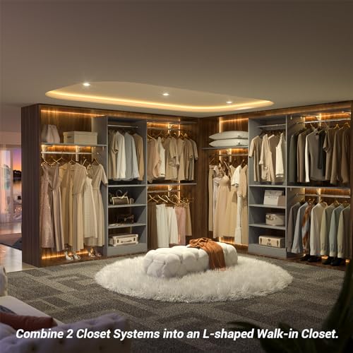 iSunirm 8FT Closet System with Shelves, 96'' Closet Organizer System with 3 Hanging Rods, Wall Mount Bedroom Wardrobe Walk-in Closet, Adjustable Cloth Garment Rack from 5 to 8FT (Cut to Fit), Grey - color: Grey