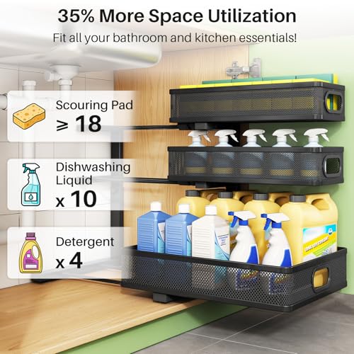 Kitstorack Under Sink Organizer, 2-Pack 3-Tier Height Adjustable Thickened Metal Pull out Cabinet Organizer Shelf, Slide out Storage Drawer Rack for Bathroom Kitchen Pantry Home Laundry Organization - color: Black, size: 2 Pack