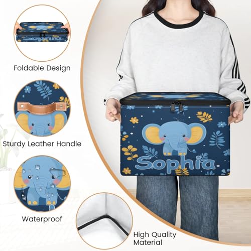 Custom Storage Basket with Name, Personalized Storage Bins with Zipper Lid, Foldable Fabric Storage Box Large capacity with Handle Elephant Flower Leaves - color: Option 19