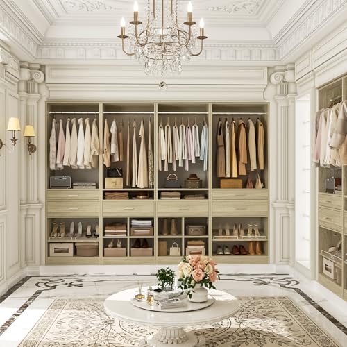 Unikito Closet System, 8.3FT Closet Organizer with 6 Wooden Drawers, Hanging Rods, Adjustable Shoe Rack and Cube Storage, Easy Assembly Wardrobe Tower, Set of 4, White Oak - color: White Oak, size: 100 Inch