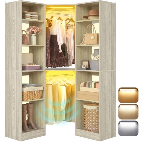 Besiost Corner Closet System with 2 Motion Sensor Lights, 39.2" Corner Closet Organizer with 12 Shelves, Closet System with 2 Hanging Rods, Versatile 6-Tier Walk-in Closet for Corner Space, White Oak - color: White Oak, size: 39.2" - With 2 Sensor Lights