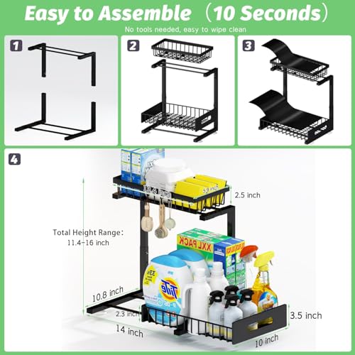 Adoymiro Under Sink Organizer, Adjustable Shelves, 2 Pack Pull Out Cabinet Organizer Slide Out Sink Shelf Cabinet Storage Shelves, Under Sink Storage for Kitchen Bathroom Cabinet