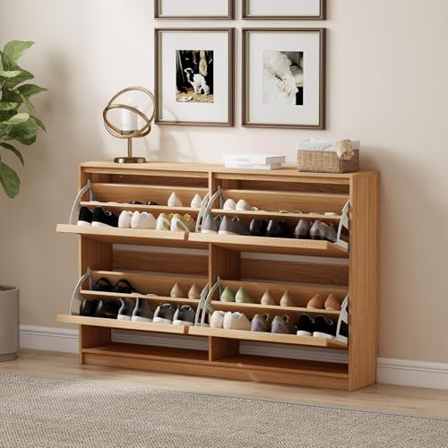 Shoe Storage Cabinet for Entryway with 4 Flip Drawers, Wooden Shoe Organizer Cabinet with Adjustable Shelf, Slim Freestanding Shoe Rack for Entryway, Hallway, Living Room, Natural Oak - color: Natural Oak
