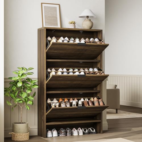 Garvee Shoe Storage Cabinet for Entryway, Fluted Shoe Cabinet with 3 Flip Drawers Doors, 32" Wide Hidden Shoe Rack Tall Freestanding Shoe Organizer for Entrance, Hallway, Living Room, Walnut - color: Walnut, size: 3 Drawers