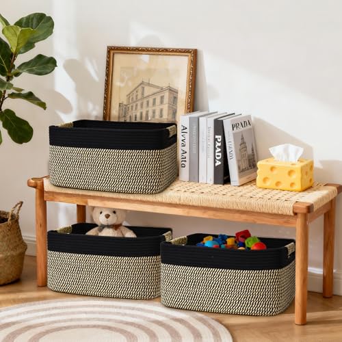 4 Pack Large Storage Basket for Organizing, 17.5"x13"x7" Woven Basket for Shelves, Closet Cube Storage Bins with Wrapped Handle, Cotton Rope Baskets for Kitchen, Clothes, Toys(Black & Brown) - color: Black & Brown, size: 4 Pack
