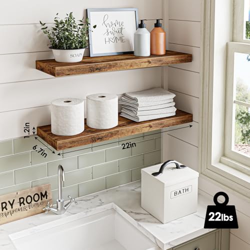Fixwal Wood Floating Shelves for Wall, 22" Long Wall Mounted Shelves for Living Room, Bedroom, Bathroom and Kitchen, Wall Shelves for Storage, Books, Room Decor (Rustic Brown, Set of 2) - color: Rustic Brown, size: 22in