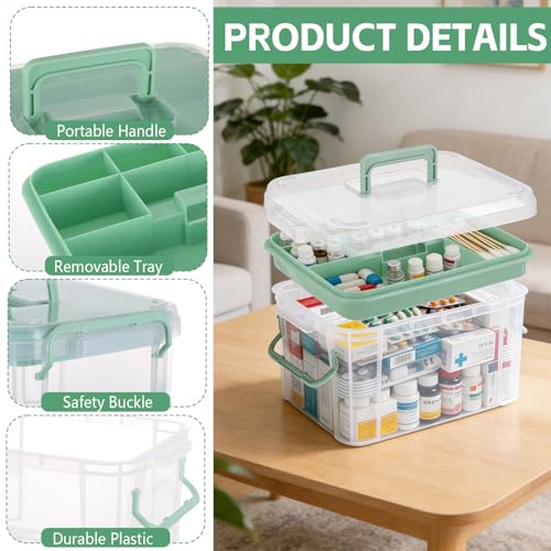 2 Pack Clear Medicine Organizer Box with Handle Thickened Plastic Medicine Cabinet with Tray First Aid Box Empty Multipurpose Medical Container Medication Caddy for Home Travel Dorm