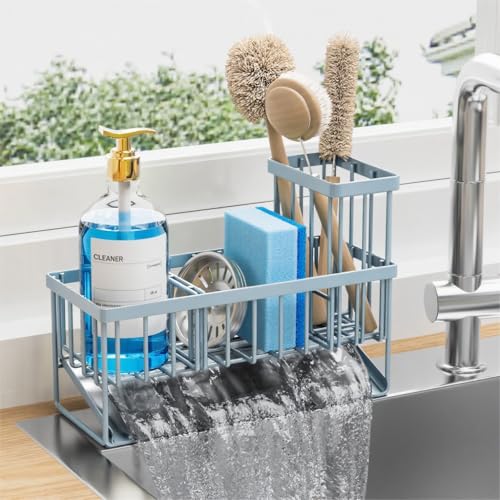 Cisily Sink Caddy Organzier with High Brush Holder, Sponge Holder for Sink, 304 Rustproof Stainless, Kitchen Countertop Soap Dispenser Organizer, Gray Blue Kitchen Decor and Accessories - color: Grey Blue, size: 9.25″