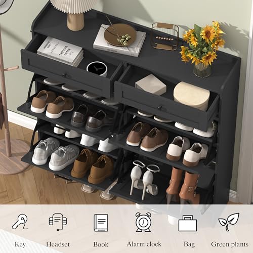 Thacuok Shoe Cabinet with 4 Flip Drawers & 2 Storage Drawers, Rustic Farmhouse Narrow Shoe Organizer Cabinet, Slim Shoe Rack Cabinet, Shoe Storage Cabinet for Entryway, Hallway, Front Door - color: Black, size: 4 Drawers