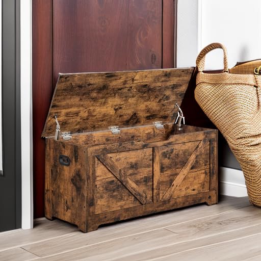VASAGLE Storage Chest, Storage Trunk with 2 Safety Hinges, Storage Bench, Shoe Bench, Farmhouse Style, 15.7 x 39.4 x 18.1 Inches, for Entryway, Bedroom, Living Room, Rustic Brown ULSB060T01 - color: Rustic Brown, size: 39.4"W x 18.1"H, style: Farmhouse