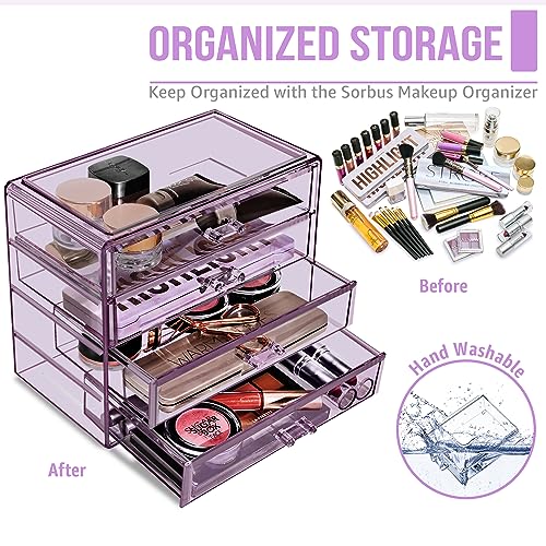 Sorbus Makeup Organizer - 4 Drawer Acrylic Make Up Organizers and Storage for Cosmetics, Jewelry, Beauty Supplies, Clear Makeup Organizer for Vanity, Girl's Room, College Dorm, Counter, Bathroom Sink - color: Purple