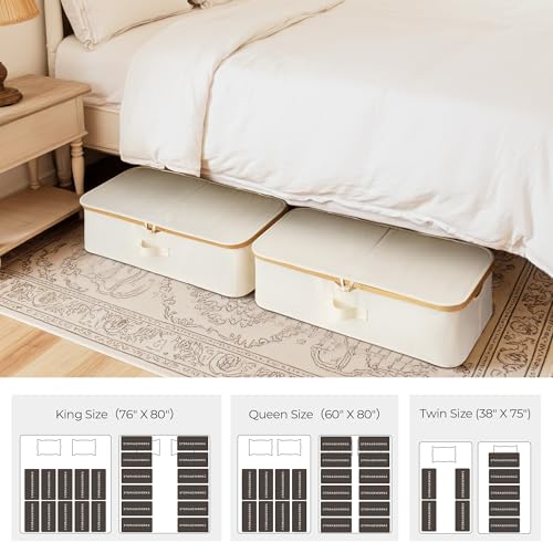 StorageWorks Underbed Storage Containers with Lids, 2-Pack 7" Low Profile Under Bed Storage Box with Bamboo Frame for Clothes, Bedding, Blankets and Shoes, 42L Sturdy Fabric Organizer, Beige - color: Beige, size: 2