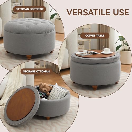WUTUTUEE 30Inch Round Storage Ottoman with Tray, Modern Tufted Fabric Circle Coffee Table with Storage, Upholstered Ottoman with Removable Top for Living Room, Bedroom, Light Grey - color: Light Grey, size: 30 Inch
