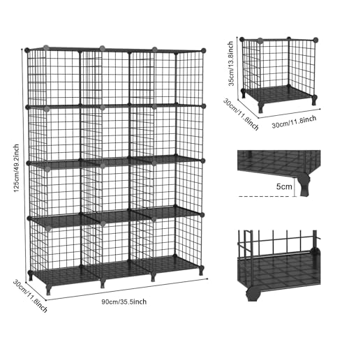 12-Cube Storage Organizer, Metal Wire Cube Shelving Unit, 11.8" L x 11.8" W x 11.8" H, Modular Grid Bookshelf for Closet, Bedroom, Office, Black ATTJL12B - color: Black
