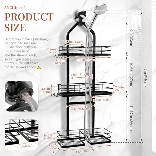 Adjustable Hanging Shower Caddy for Handheld Showerhead, 3-Tier Rustproof Shower Rack Baskets, Anti-Swing Hanging Shower Organizer for Bathroom Storage with 2 S-Hooks, Large Capacity, Black - color: 3-Tier Black