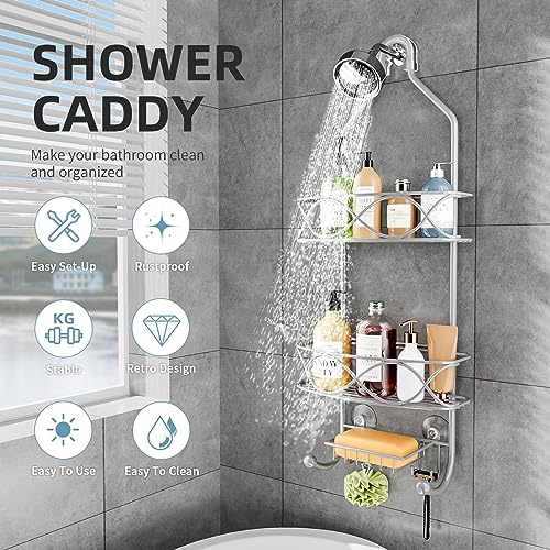 GAOKASE Shower Caddy Hanging 3 Tier with Two Movable Baskets, Grey Shower Caddy with Hooks for Towels, Sponge and More - color: Grey