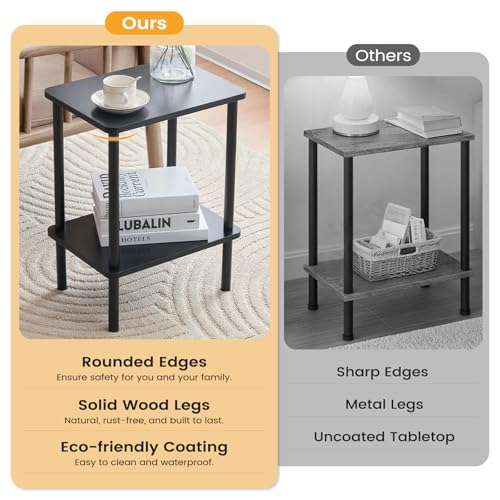 Apicizon 2 Tier End Table Set of 2, Small Side Table with Solid Wood Legs, Boho Bedside Table with Storage Shelf, Nightstand for Small Spaces, Bedroom, Living Room, Entryway, Easy Assembly, Black - color: Black, size: 2 Set, style: 2 Tier