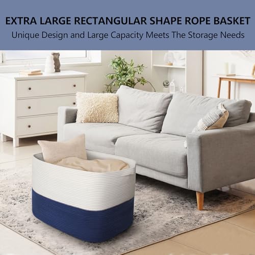 MEGASKET 108L Super Large Blanket Basket, 25" x 16" x 16" Jumbo Rectangle Basket for Blankets Living Room, Woven Cotton Rope Pillow Holder Organizer, Oversized Kids Dog Toy Storage Bin Box, Dark Blue - color: White & Dark Blue, size: 25"x16"x16"