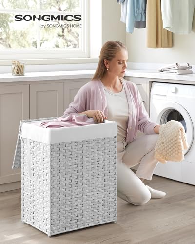 SONGMICS Laundry Hamper with Lid, 23.8 Gallon (90 L) Synthetic Rattan Clothes Laundry Basket with Lid and Handles, Foldable, Removable Liner, Cloud White ULCB51WT - color: Cloud White, size: 90 L