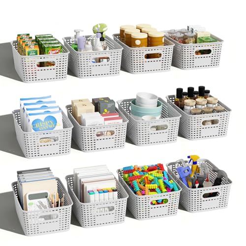 Plastic Storage Basket for Organizing 12 Pack Small Storage Bins Container for Shelves, White Shelf Baskets with Handles for Organization - color: White