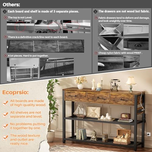 Ecoprsio 47'' Entryway Table with Outlets and USB Ports, Console Table with 3 Drawers, Sofa Table Narrow Long with Storage Shelves for Living Room, Couch, Hallway, Foyer, Kitchen Counter, Rustic Brown - color: Rustic Brown, size: 47-In