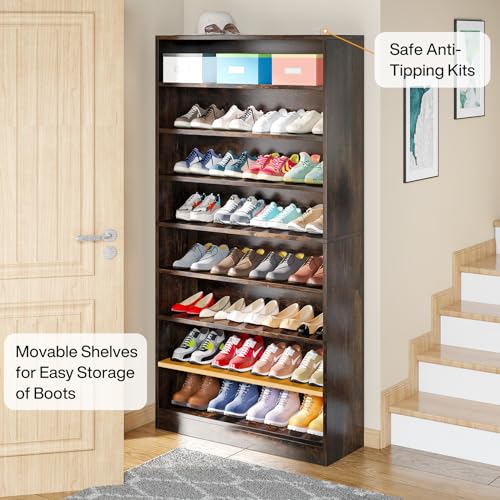 Tribesigns Tall Shoe Cabinet, 9 Tiers 40-45 Pairs Heavy Duty Wood Freestanding Shoe Storage Cabinet, 70.8'' Tall Shoe Cabinet with Open Storage for Entryway (1, Rustic Brown) - color: Rustic Brown