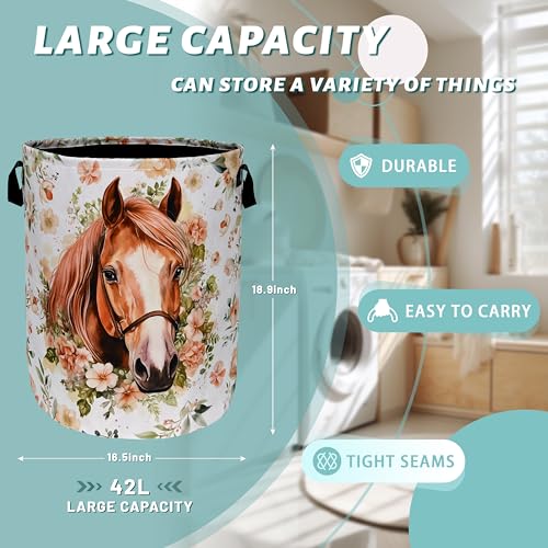 Watercolor Horse Laundry Basket Foldable With Handles Cute Animal Floral Tote Bag Oxford Cloth Colorful Laundry Hamper Clothes Toy Storage Bucket For Bathroom/Laundry/Bedroom 18.9" x 16.5 " - color: Watercolor Horse With Flowers Floral