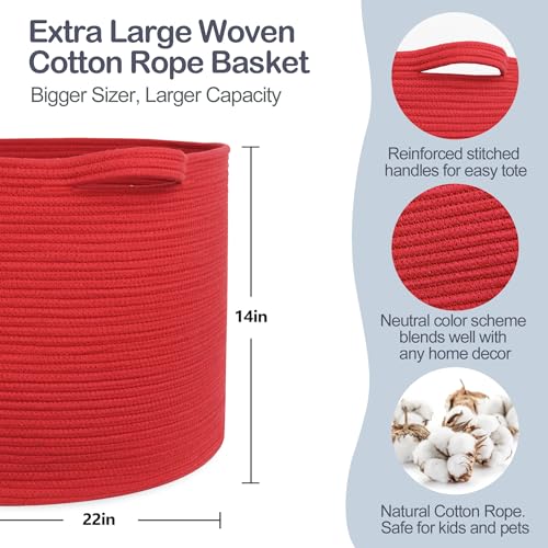 MEGASKET Extra Large Red Basket for Organizing, 22" X 22" X 14" Woven Cotton Rope Bins for Blankets, Baby Nursery Wicker Laundry Basket, Kids Dog Toy Storage Box, Big Red Living Room Decor Organizer - color: Red, size: 22"x22"x14"