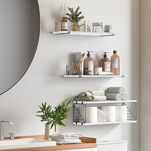 Fixwal 3+1 Tier Bathroom Floating Shelves Over Toilet, 15.8in Farmhouse Rustic Wood Shelves, Wall Decor for Bathroom, Living Room,Bedroom and Kitchen (White) - color: White