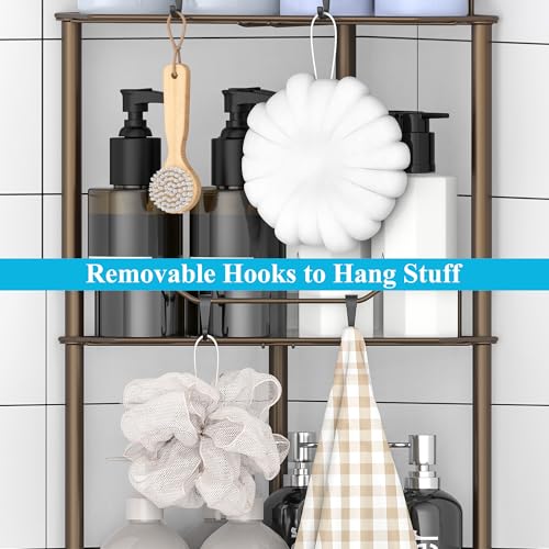 HuggieGems 4 Tier Floor Standing Corner Shower Caddy Organizer Shelf with Hooks, Bathroom Shelves Stand Rack, Bronze - color: Bronze, size: 4 Tier