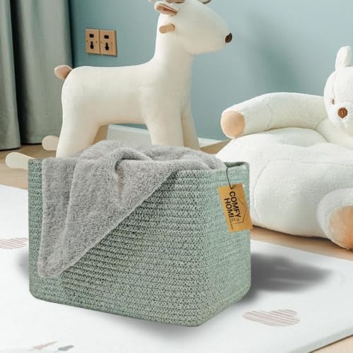 COMFY-HOMI Square Woven Cotton Rope Basket for Organizing, Gift Baskets for Handles, Empty Gift Baskets, Toy Basket for bins|13.5" x 11" x 9.5" home decor for Living Room, Bathroom - color: Green, size: 13.5"X11"X9.5"