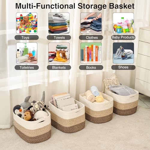 ICERZCZ Storage Baskets for Organizing & Shelves, Woven Cotton Rope Organization Bins for Dog Toys, Clothes, Books, Nursery Organizer, 15"Lx11"Wx9.5"H, (4 Packs) Gradient Brown - color: Gradient Brown, size: 15"(L)×11"(W)×9.5"(H)