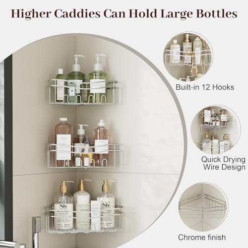 Chrome Shower Caddy Corner, 3-Pack Adhesive Shower Shelves for Inside Shower, Rustproof Bathroom Organizer Corner with Built-in Hooks, No Drilling Bathroom Storage for Bath Accessories - color: CHROME