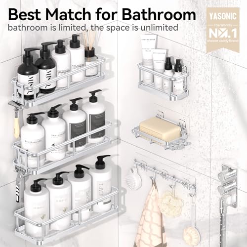 YASONIC Shower Caddy, 6 Pack Large Capacity Bath Organizer with Soap Holder and 12 Hooks, Rustproof bathroom Shelves for Inside Shower, No Drilling&Sleek Bathroom Organizers and Storage Silver - color: Silver, size: XL