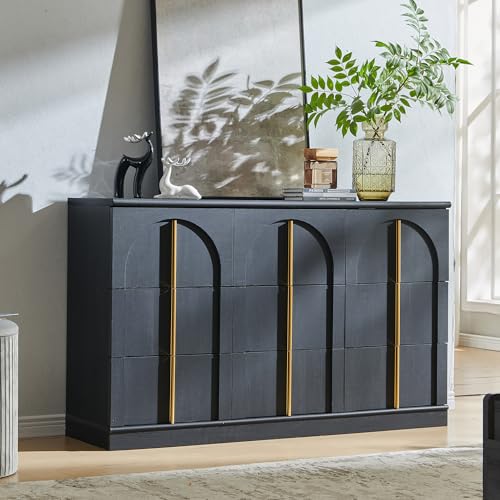 ACCOHOHO Arched Dresser for Bedroom with 9 Drawers, 52" Wide Modern Chest of Drawers with Rounded Edge & Metal Handles, Wood Storage Closet Dressers TV Stand for Living Room, Hallway, Black - color: Black, size: 15.6"D x 52"W x 32"H (9 Drawers)