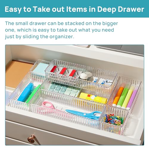 Vtopmart 7 PCS Clear Drawer Organizers Bins, 4-Size Stackable Makeup and Vanity Drawer Organizer Trays, Acrylic Bathroom Drawer Storage Containers for Cosmetic, Office Supply, Kitchen Utensils Gadgets