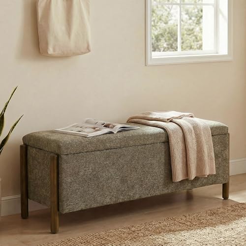 Usaint Wooden Storage Ottoman Bench, 47" Fabric Upholstered End of Storage Bench with Rubberwood Legs, Entryway Bench with Storage for Bedroom, Living Room, Reception, Cloakroom, Brown - color: Brown