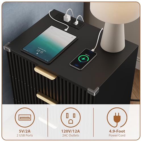 Lulive Wood Nightstand with Charging Station, 3 Drawers Fluted Design, Modern End Table for Bedroom Black - color: Black, size: 3 Drawers-Set of 1 Nightstand