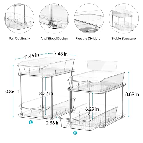 Delamu 2-Tier Under Sink Organizers and Storage, Multi-Purpose Stackable Bathroom Cabinet organizers, Pull Out Kitchen Pantry Organization and Storage with Dividers(2 Pack, Clear) - color: Clear, size: 2 Pack