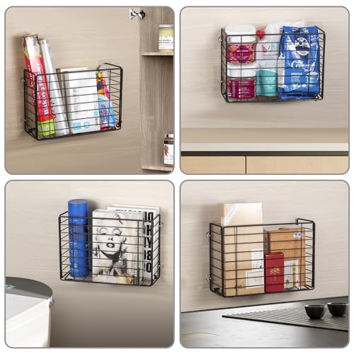 Lonian Wall Mounted Storage Basket, Black Metal Wire Kitchen Wrap Organizer Rack, Heavy Duty Hanging Basket for Cabinet Door, Pantry, Cutting Boards, Foil, and Cleaning Supplies