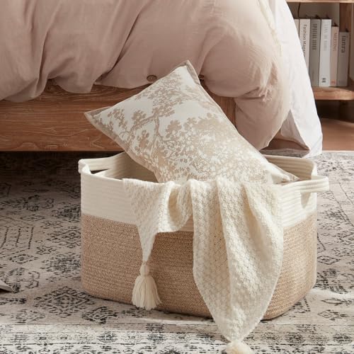 OIAHOMY Large Blanket Basket, 65L Cotton Rope Woven Laundry Basket, Toy Bin for Baby Room, Container for Blanket Storage in Living Room, 20''×16''×12'', Brown & White - color: Brown & White, size: 65L