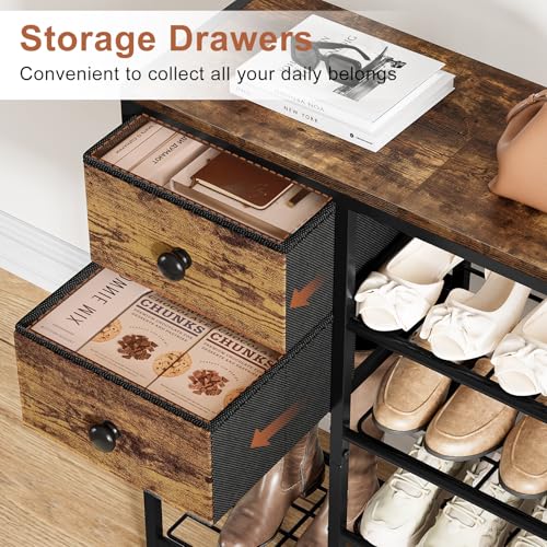 5-Tier Shoe Rack with 2 Fabric Drawers, Metal Frame and Wooden Board Shoe Organizer for 16-20 Pairs of Shoes, Shoe Shelf with Boots Storage for Entryway Closet Rustic Brown - color: Rustic Brown