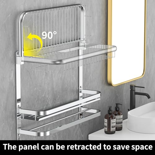 CAXIMSY Foldable 23.22 Inch Rowel Rack Wall Mounted with Bathroom Shower Shelves Stainless Steel Towel Bar Without Drilling and Screw Installation (Silvery) - color: Silvery
