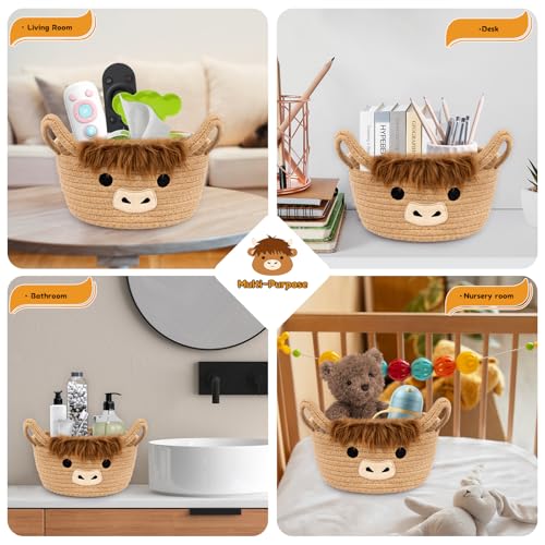 Highland Cute Cow Basket for Nursery, Small Shower Gift Basket, Round Woven Rope Cotton Storage, Baby Blanket 0rganizer with Ears Handles, Blanket Towel Decor Storage Bins, 10.7"D x 4.4"H in - color: Brown, size: 9"D × 5 "H