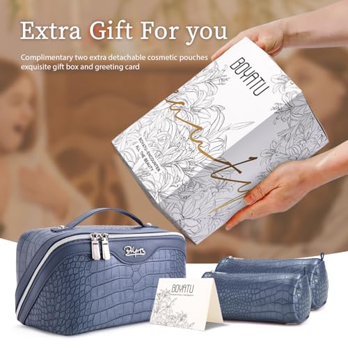 BOYATU Travel Makeup Bag Cosmetic Bags for Women: 3 Pcs Set Large Capacity Make up Bag with Handle - Crocodile Pattern Vegan Leather Toiletry Bags Travel Essentials with Compartments(E-3-Blue) - color: E-3-Blue