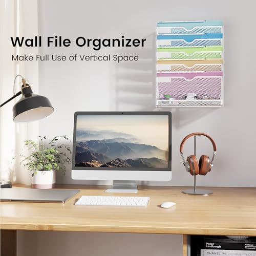 Hanging Wall File Organizer 6-Tier Wall Mount Mail Organizer & Desk Paper Organizer, Sleek White Metal File Folder Holder for Office, Cubicle, Bedroom | All-in-One Document Storage Shelf - color: White-1pack