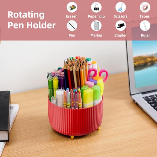 Marbrasse Desk Organizer, 360-Degree Rotating Pen Holder for Desk, Desk Organizers and Accessories with 5 Compartments Pencil Organizer, Art Supply Storage Box Caddy for Office, Home (Red) - color: Red
