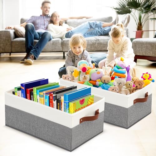 3 Pack Large Capacity Storage Bins Closet Organizer for Shelves, Fabric Closet Storage Baskets Boxes with Leather Handles for Organizing Clothes, Sheets, Jeans, Toys, Books (Grey) - style: 3 Pack Grey & White